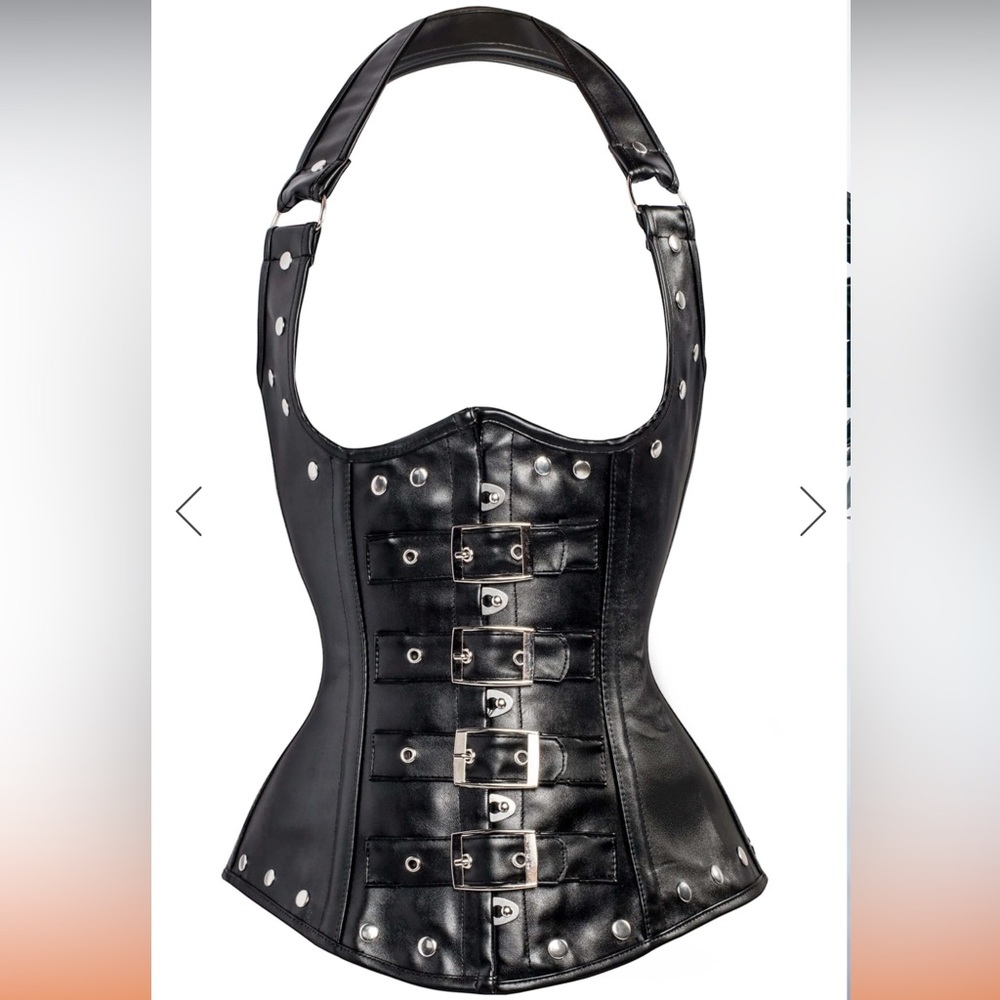 Black Leather Look Underbust Corset with Halter Strap—Size US 8